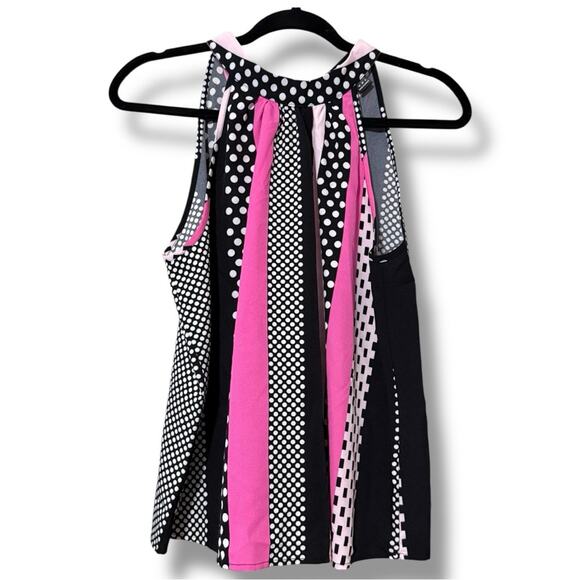 GOMORN women’s size medium halter neck blouse pullover pink black stripes & dots - Picture 2 of 11